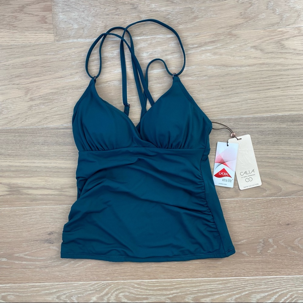 CALIA by Carrie Underwood Women's Strappy Ruched Tankini Top Evening Sea XS NEW